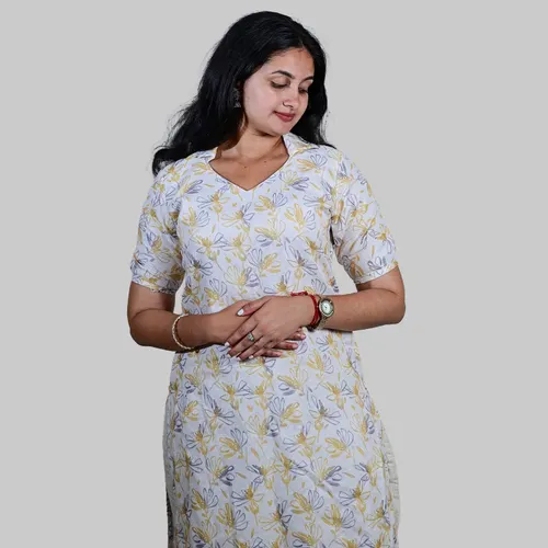 white with yellow half collar kurti